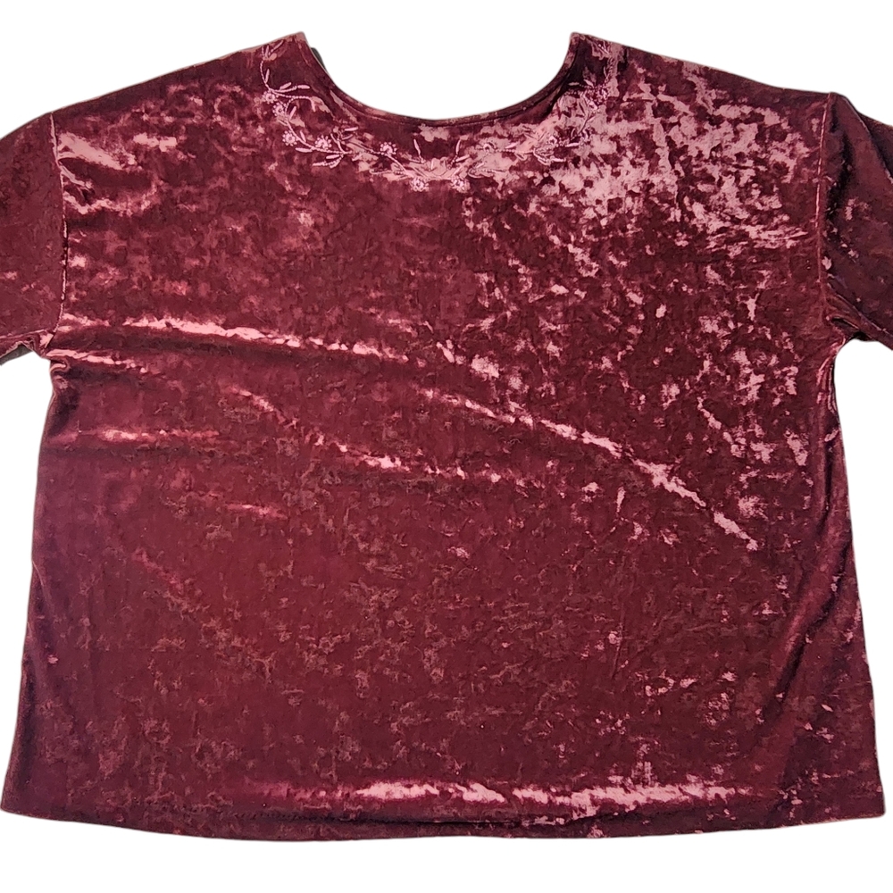 J. Jill Velvet Pinot Embroidered Top Burgandy Wine Short Sleeve Size PL